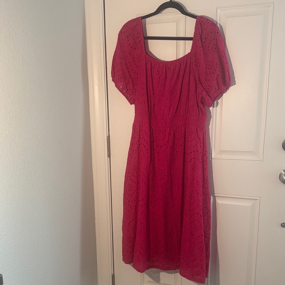 Grace Karin Red Eyelet Midi Dress with Puff Sleeves